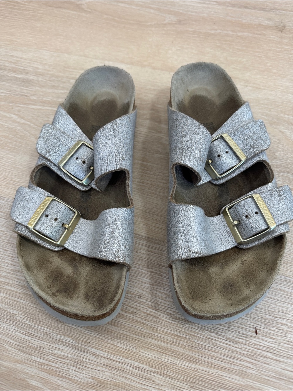 Birkenstock Metallic Silver Double-Buckle Slide Sandals